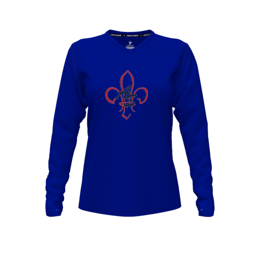 [FTLVCFRY-FYXS-LOGO1] Decker Comfort T-Shirt (Female Youth XS, Royal, V Neck, Logo 1, Long Sleeve)