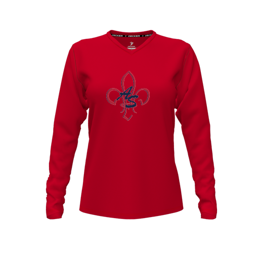 [FTLVCFRD-FYXS-LOGO1] Decker Comfort T-Shirt (Female Youth XS, Red, V Neck, Logo 1, Long Sleeve)
