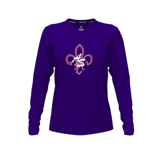 [CUS-DFW-TEES-PER-VNK-LSL-PUR-FYXS-LOGO3] Performance T-Shirt (Female Youth XS, Purple, V Neck, Logo 3, Long Sleeve)
